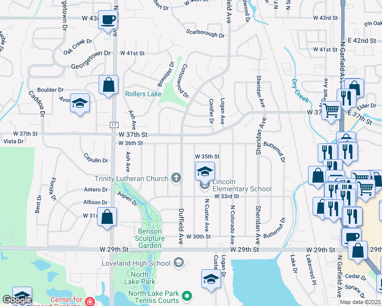 map of restaurants, bars, coffee shops, grocery stores, and more near 3513 North Douglas Avenue in Loveland