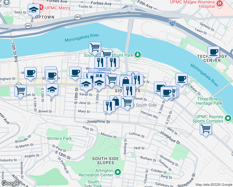 map of restaurants, bars, coffee shops, grocery stores, and more near 2135 Carey Way in Pittsburgh