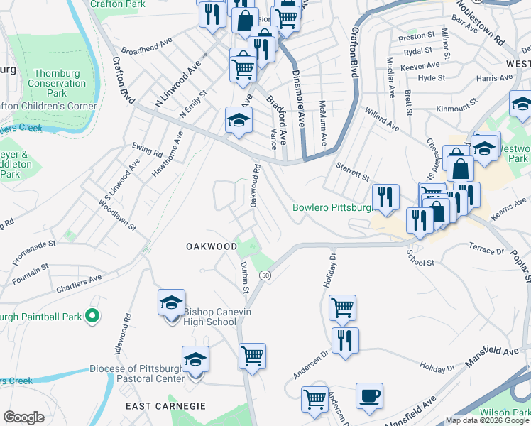 map of restaurants, bars, coffee shops, grocery stores, and more near 142 Grasmere Street in Pittsburgh