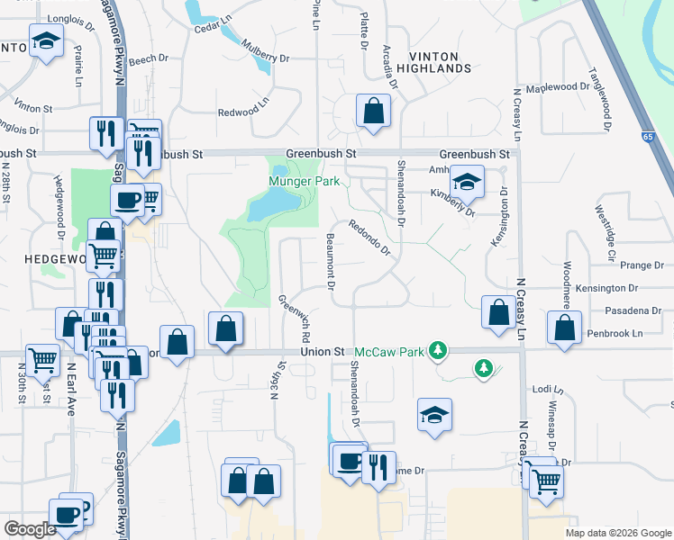 map of restaurants, bars, coffee shops, grocery stores, and more near 1100 Beaumont Drive in Lafayette
