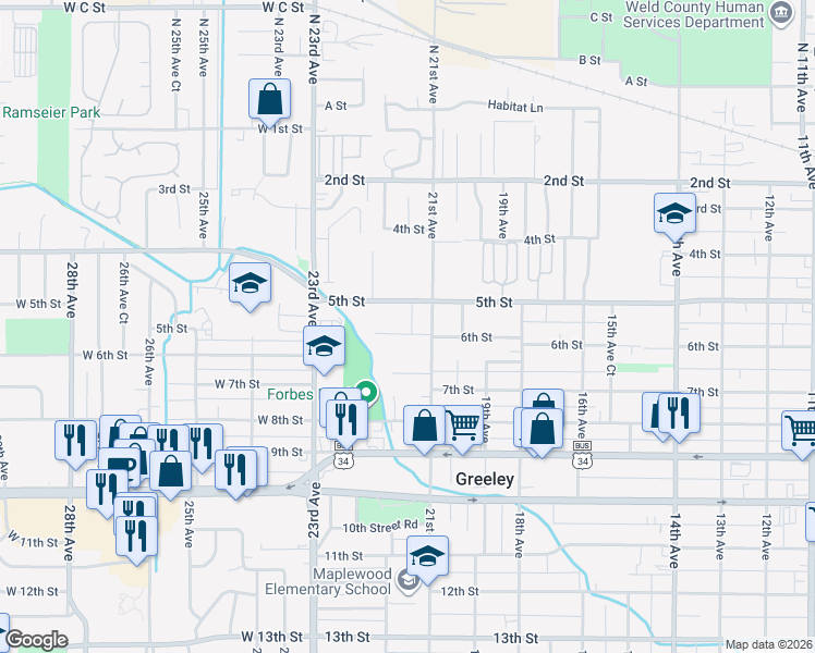 map of restaurants, bars, coffee shops, grocery stores, and more near 2113 6th Street in Greeley