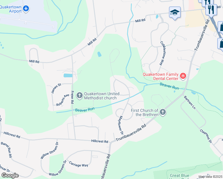 map of restaurants, bars, coffee shops, grocery stores, and more near 1528 Pilgrim Lane in Quakertown