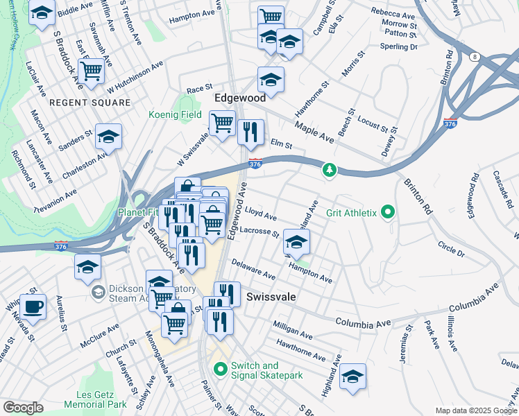 map of restaurants, bars, coffee shops, grocery stores, and more near 105 Lloyd Avenue in Pittsburgh