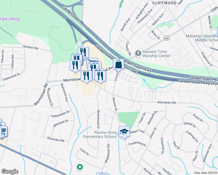 map of restaurants, bars, coffee shops, grocery stores, and more near 119 Morristown Road in Matawan