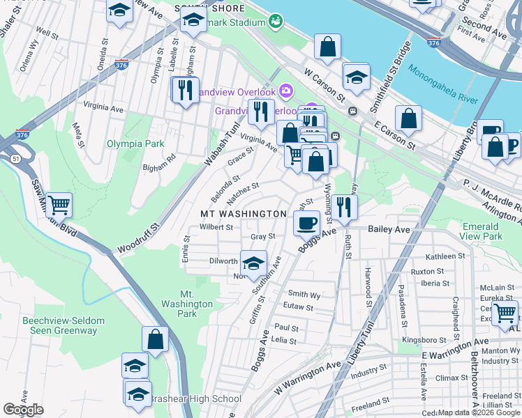 map of restaurants, bars, coffee shops, grocery stores, and more near 200 Cowan Street in Pittsburgh