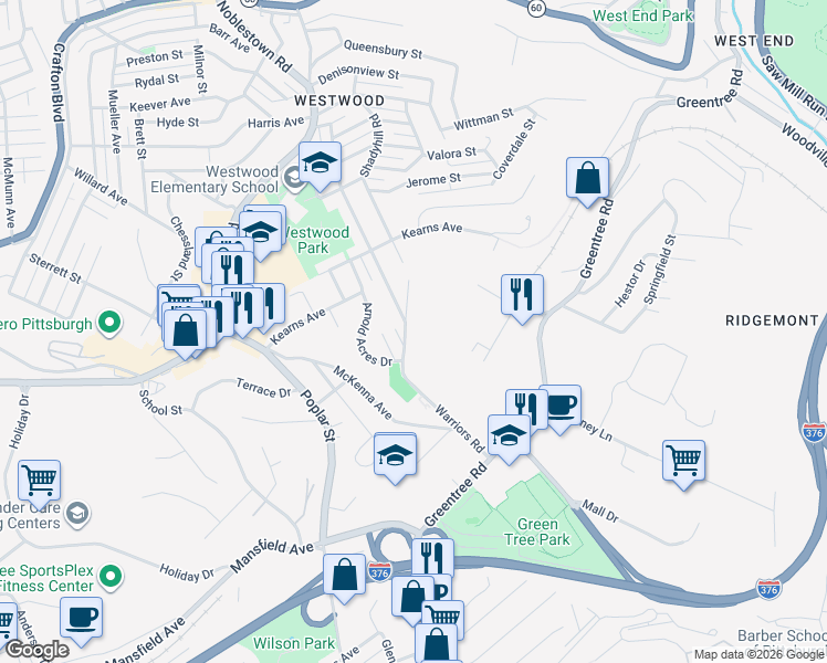 map of restaurants, bars, coffee shops, grocery stores, and more near 54 Warriors Road in Pittsburgh