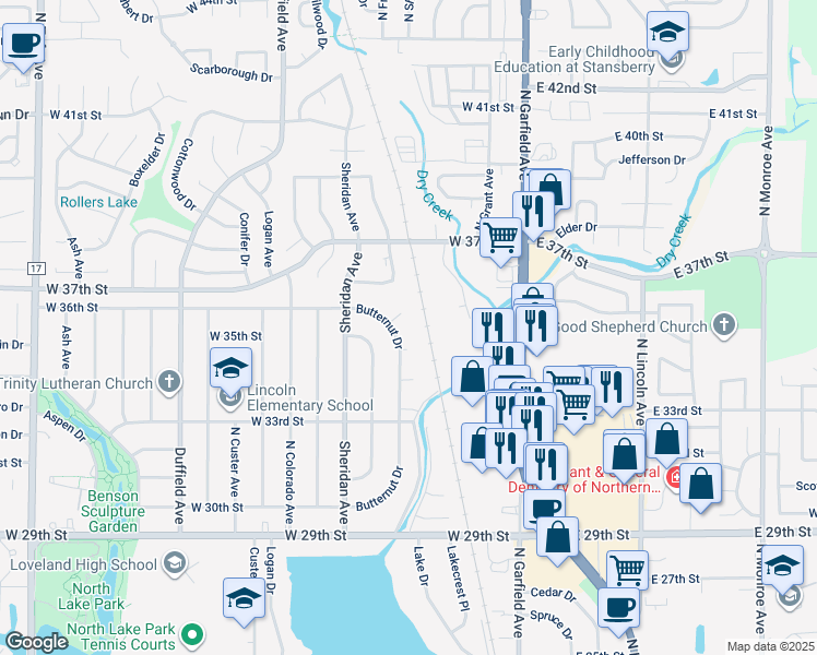map of restaurants, bars, coffee shops, grocery stores, and more near 3506 Butternut Drive in Loveland