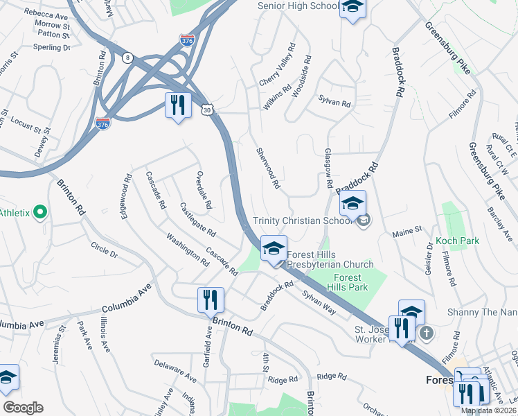 map of restaurants, bars, coffee shops, grocery stores, and more near 115 Elmore Road in Pittsburgh