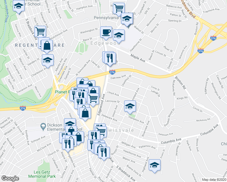 map of restaurants, bars, coffee shops, grocery stores, and more near 105 Lloyd Avenue in Pittsburgh