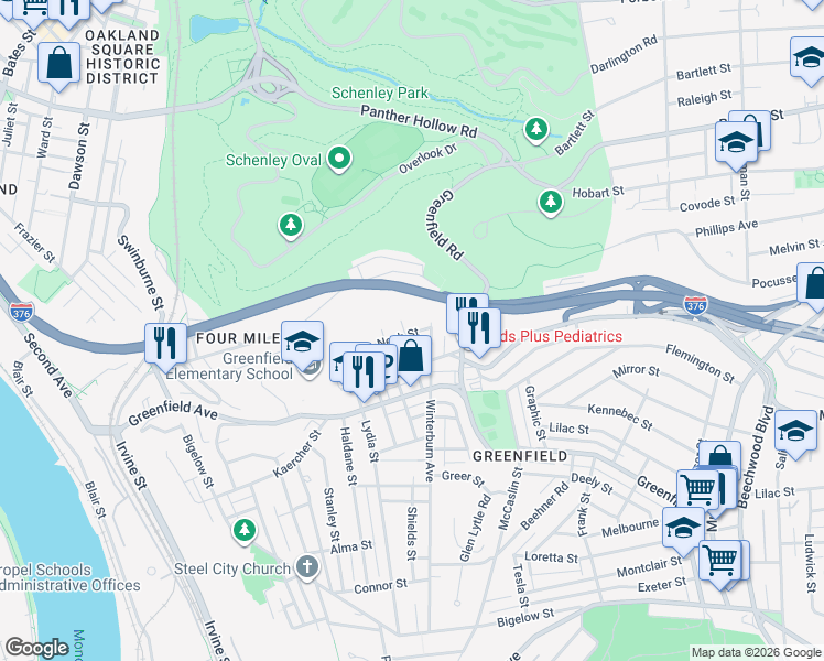 map of restaurants, bars, coffee shops, grocery stores, and more near 3856 Nantasket Street in Pittsburgh