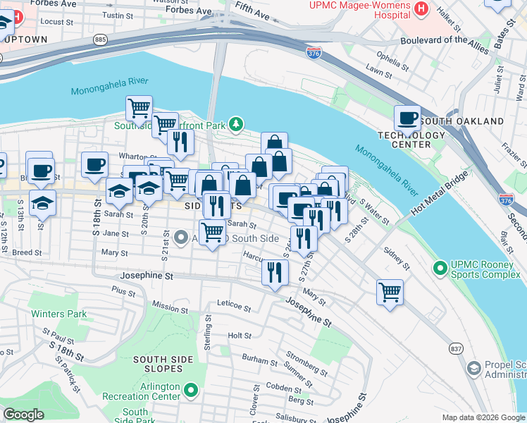 map of restaurants, bars, coffee shops, grocery stores, and more near 2325 East Carson Street in Pittsburgh