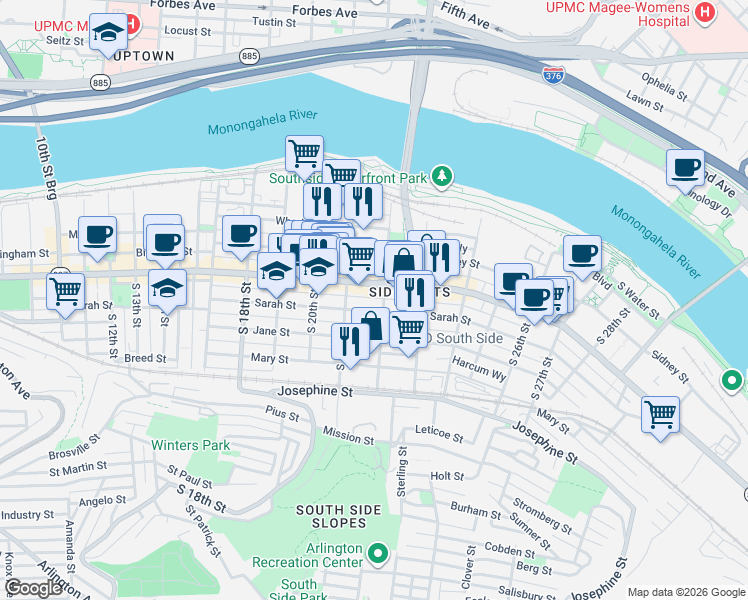 map of restaurants, bars, coffee shops, grocery stores, and more near 2135 Carey Way in Pittsburgh