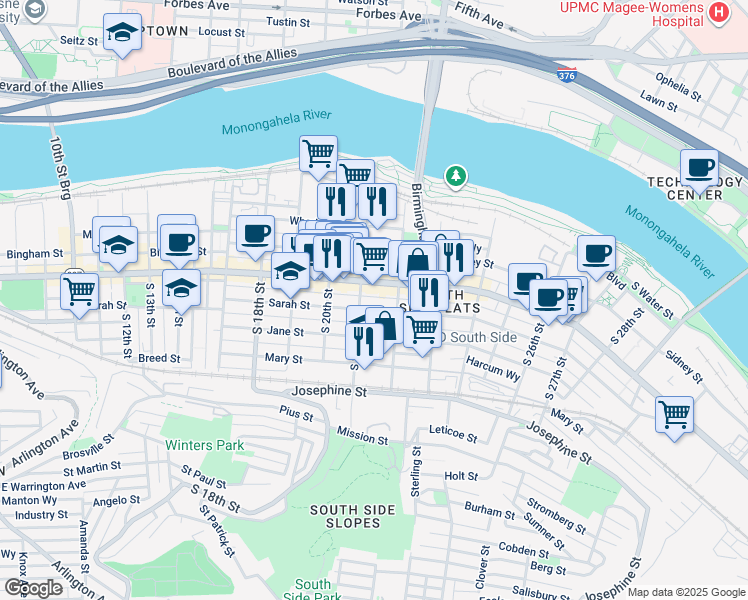 map of restaurants, bars, coffee shops, grocery stores, and more near 2135 Carey Way in Pittsburgh