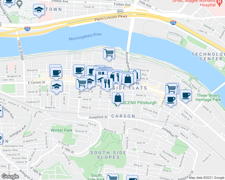 map of restaurants, bars, coffee shops, grocery stores, and more near 2135 Carey Way in Pittsburgh