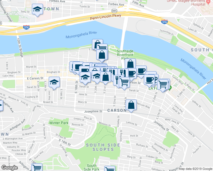 map of restaurants, bars, coffee shops, grocery stores, and more near 2135 Carey Way in Pittsburgh