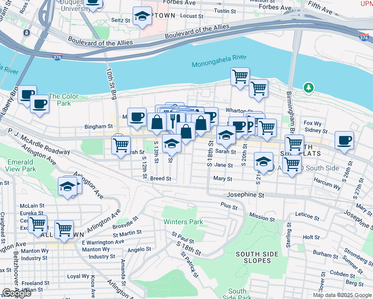 map of restaurants, bars, coffee shops, grocery stores, and more near 114 South 16th Street in Pittsburgh