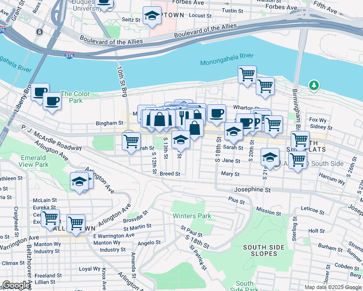 map of restaurants, bars, coffee shops, grocery stores, and more near 1317 Sarah Street in Pittsburgh
