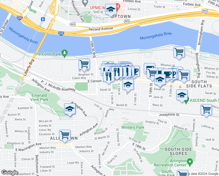 map of restaurants, bars, coffee shops, grocery stores, and more near 1212 East Carson Street in Pittsburgh