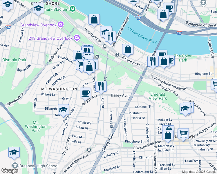 map of restaurants, bars, coffee shops, grocery stores, and more near 416 William Street in Pittsburgh