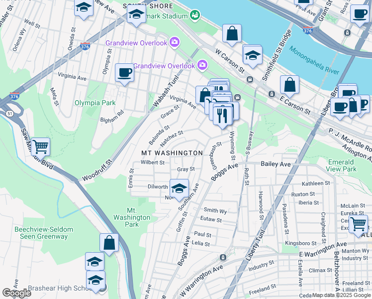 map of restaurants, bars, coffee shops, grocery stores, and more near 45 Cowan Street in Pittsburgh