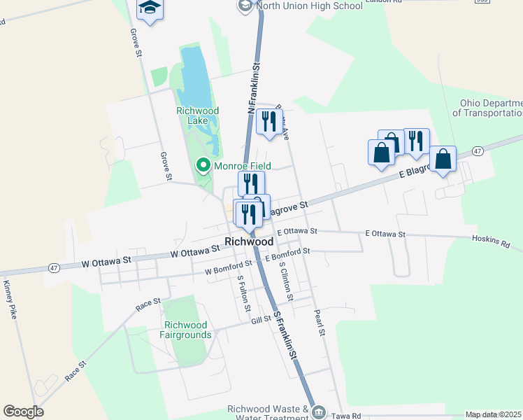 map of restaurants, bars, coffee shops, grocery stores, and more near 116 North Franklin Street in Richwood