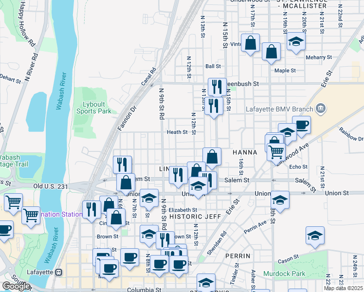map of restaurants, bars, coffee shops, grocery stores, and more near 1108 North 10th Street in Lafayette