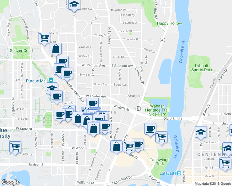 map of restaurants, bars, coffee shops, grocery stores, and more near 404 North Salisbury Street in West Lafayette