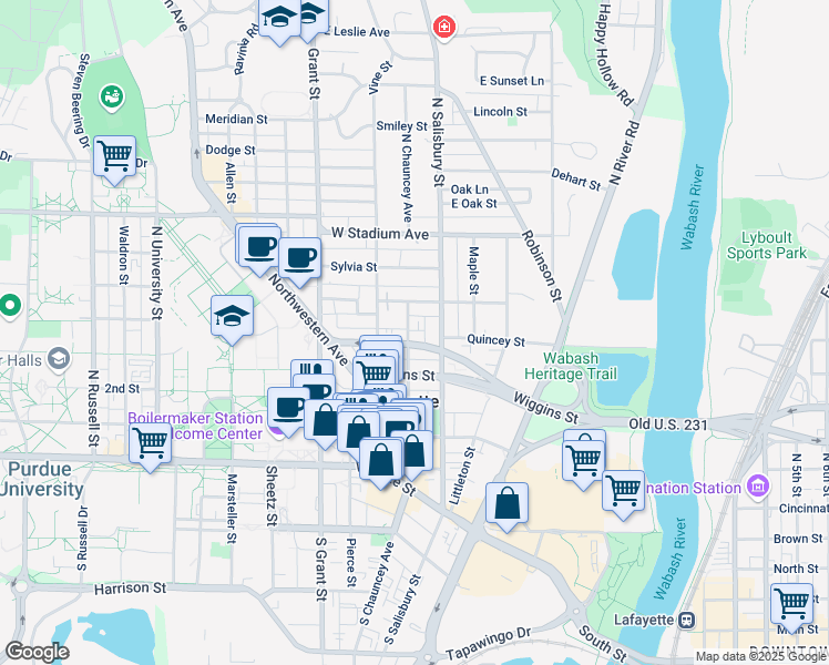 map of restaurants, bars, coffee shops, grocery stores, and more near 415 North Chauncey Avenue in West Lafayette