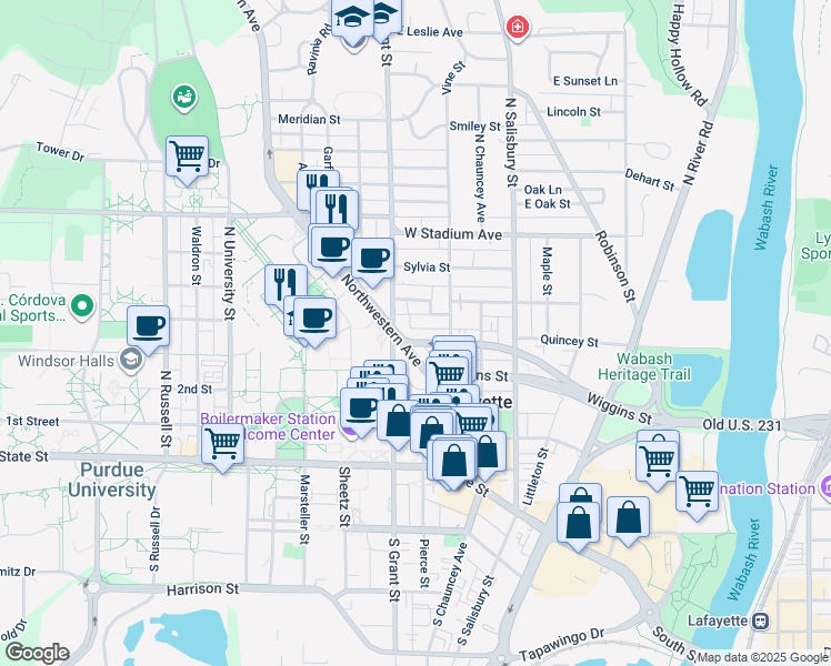 map of restaurants, bars, coffee shops, grocery stores, and more near 400 Northwestern Avenue in West Lafayette