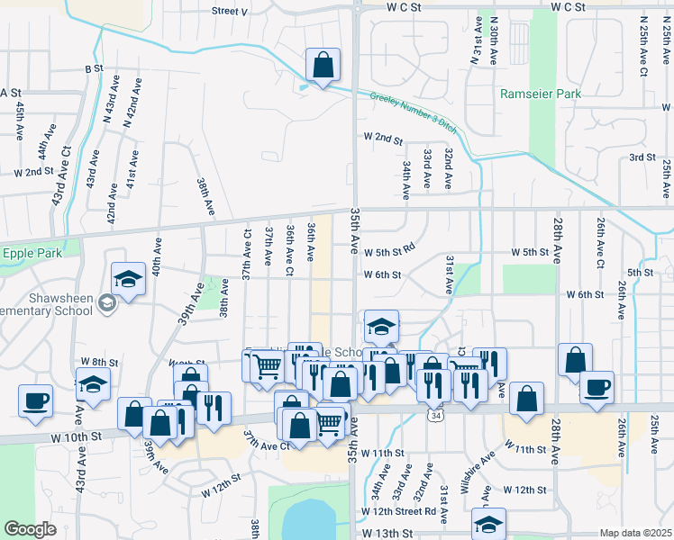 map of restaurants, bars, coffee shops, grocery stores, and more near 524 35th Avenue Court in Greeley