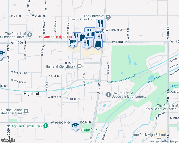 map of restaurants, bars, coffee shops, grocery stores, and more near 10763 North Dosh Lane in Highland