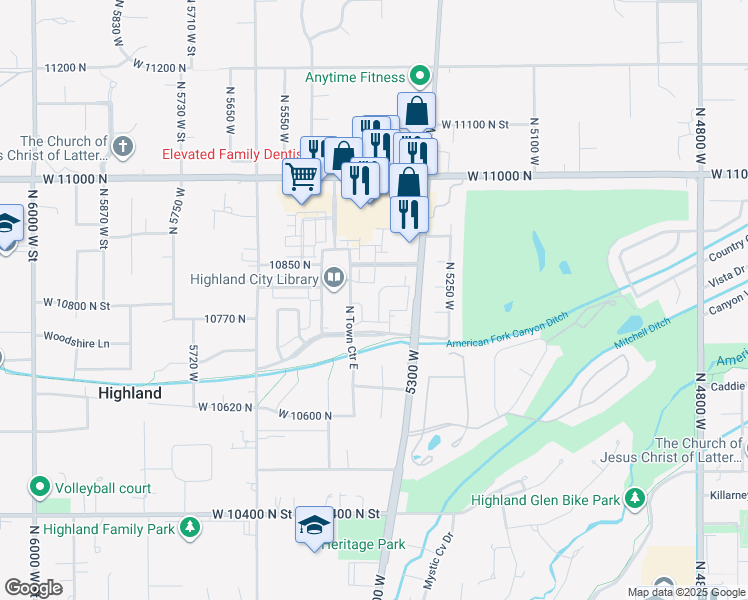 map of restaurants, bars, coffee shops, grocery stores, and more near 10763 North Dosh Lane in Highland