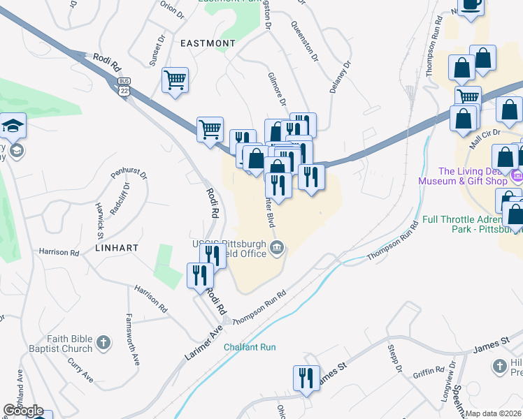 map of restaurants, bars, coffee shops, grocery stores, and more near 422 Penn Center Boulevard in Pittsburgh