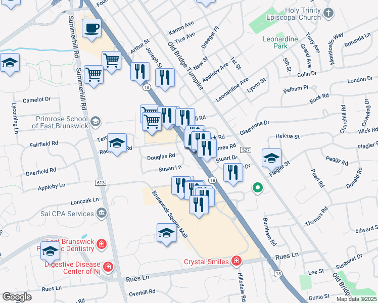map of restaurants, bars, coffee shops, grocery stores, and more near 727 New Jersey 18 in East Brunswick