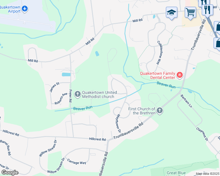 map of restaurants, bars, coffee shops, grocery stores, and more near 1528 Pilgrim Lane in Quakertown