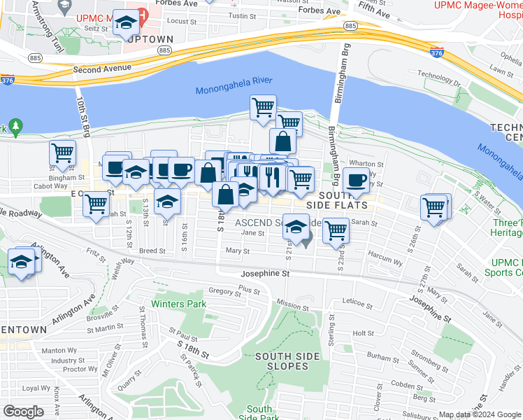 map of restaurants, bars, coffee shops, grocery stores, and more near 1901 Sarah Street in Pittsburgh