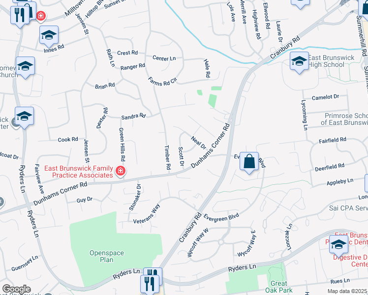 map of restaurants, bars, coffee shops, grocery stores, and more near 6 Rosemary Road in East Brunswick