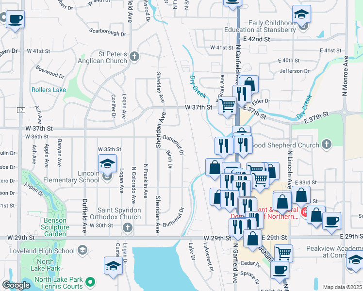 map of restaurants, bars, coffee shops, grocery stores, and more near 3506 Butternut Drive in Loveland