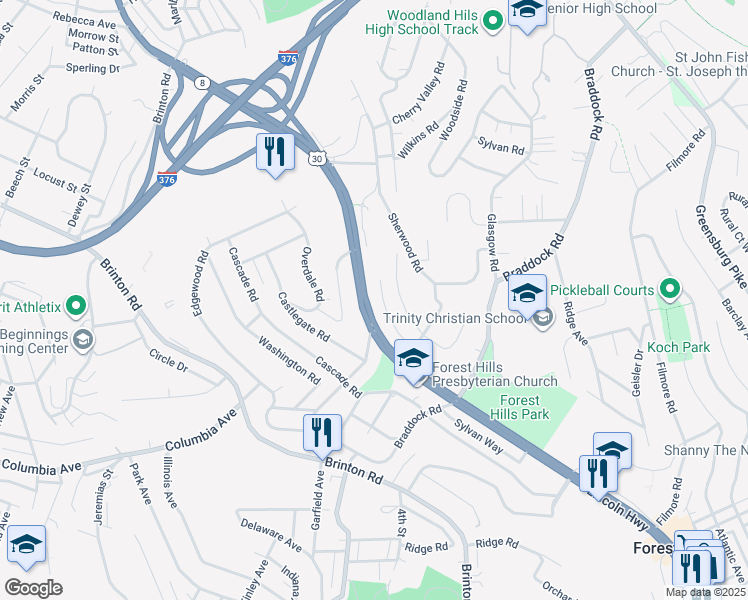 map of restaurants, bars, coffee shops, grocery stores, and more near 1635 Ardmore Boulevard in Pittsburgh