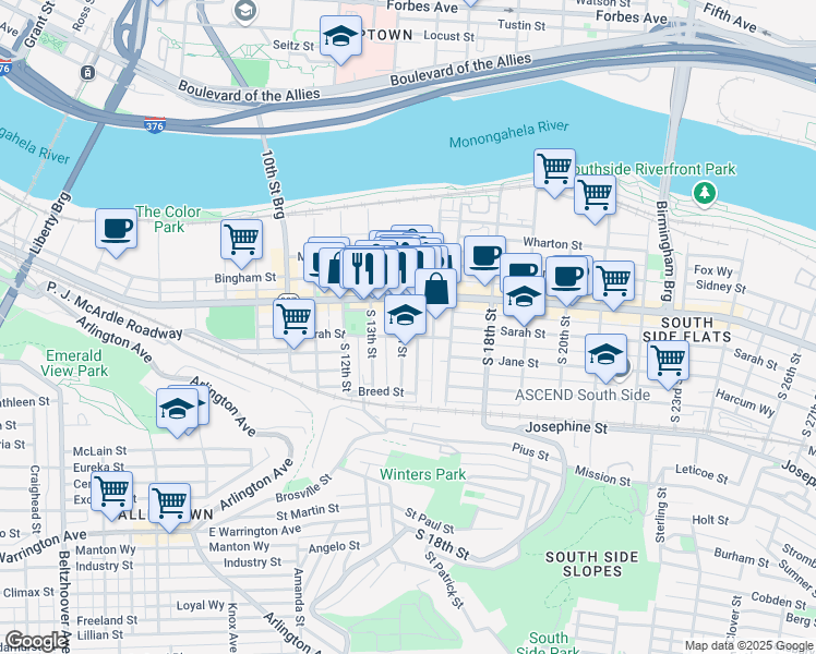 map of restaurants, bars, coffee shops, grocery stores, and more near 1317 Sarah Street in Pittsburgh