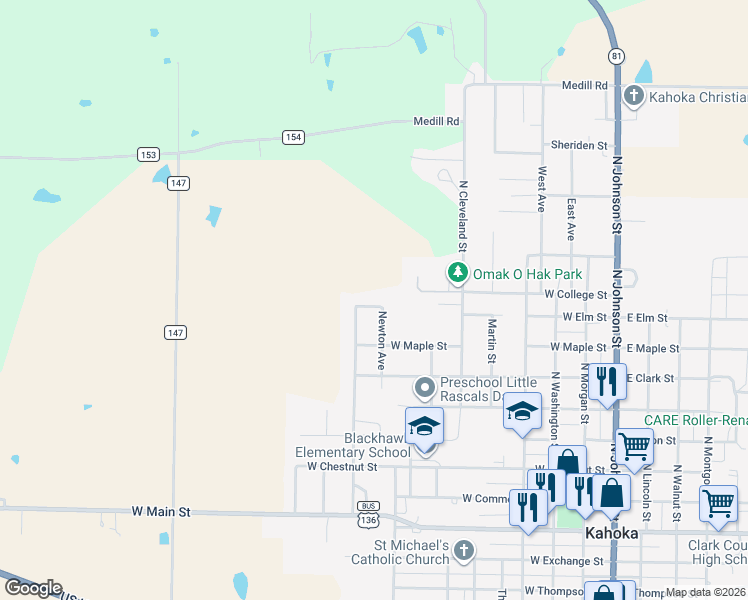 map of restaurants, bars, coffee shops, grocery stores, and more near 855 West Elm Street in Kahoka