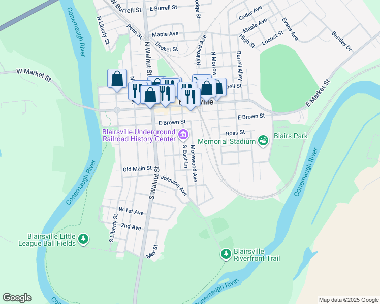 map of restaurants, bars, coffee shops, grocery stores, and more near 250 Morewood Avenue in Blairsville