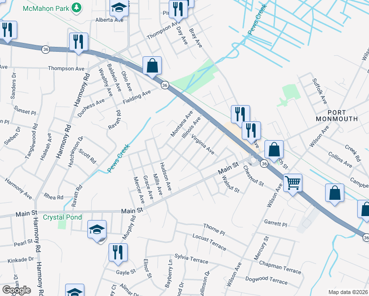 map of restaurants, bars, coffee shops, grocery stores, and more near 34 Michigan Avenue in Port Monmouth