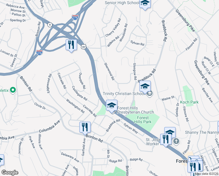 map of restaurants, bars, coffee shops, grocery stores, and more near 115 Elmore Road in Pittsburgh
