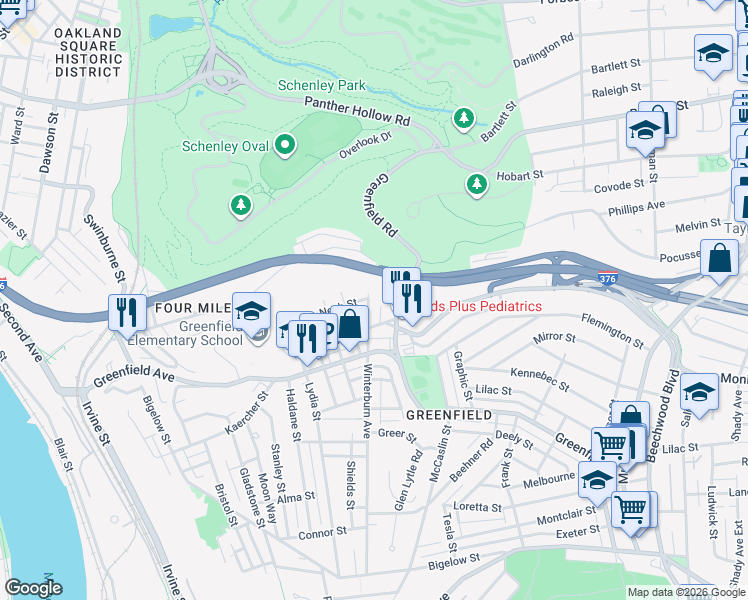 map of restaurants, bars, coffee shops, grocery stores, and more near 3819 Winterburn Avenue in Pittsburgh