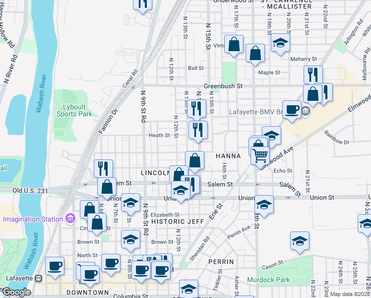 map of restaurants, bars, coffee shops, grocery stores, and more near 1216 Hartford Street in Lafayette