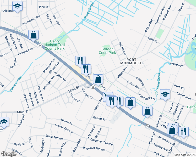 map of restaurants, bars, coffee shops, grocery stores, and more near 190 Main Street in Port Monmouth