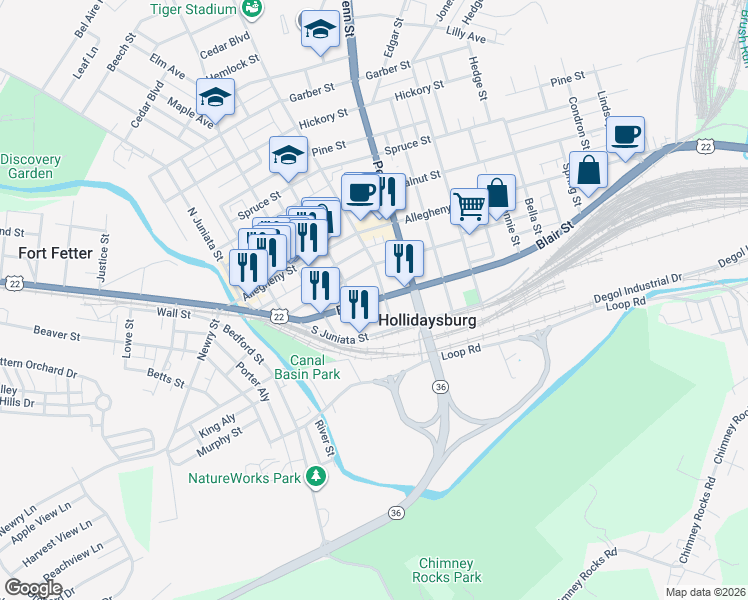 map of restaurants, bars, coffee shops, grocery stores, and more near 401-23 Blair St in Hollidaysburg