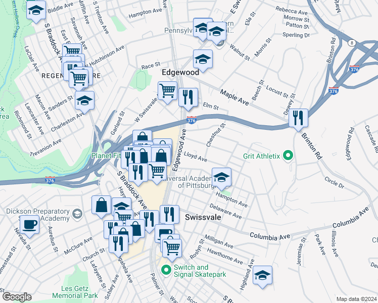 map of restaurants, bars, coffee shops, grocery stores, and more near 105 Lloyd Avenue in Pittsburgh