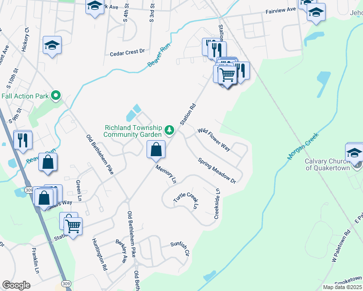 map of restaurants, bars, coffee shops, grocery stores, and more near 1000 Spring Meadow Drive in Quakertown